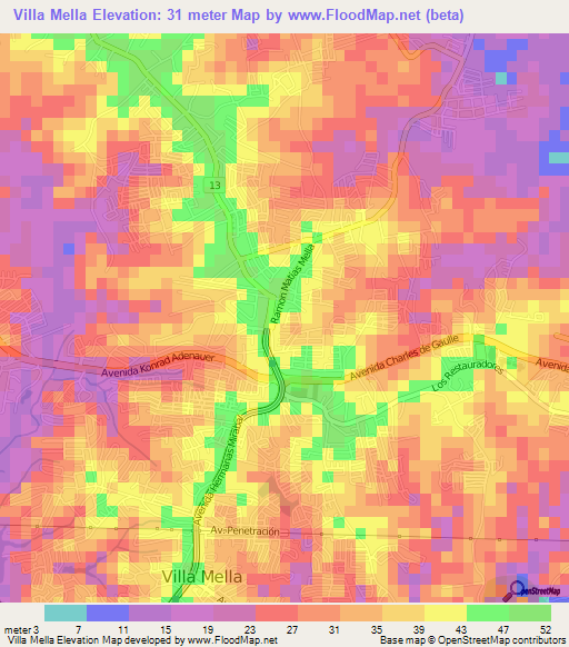 Villa Mella,Dominican Republic Elevation Map