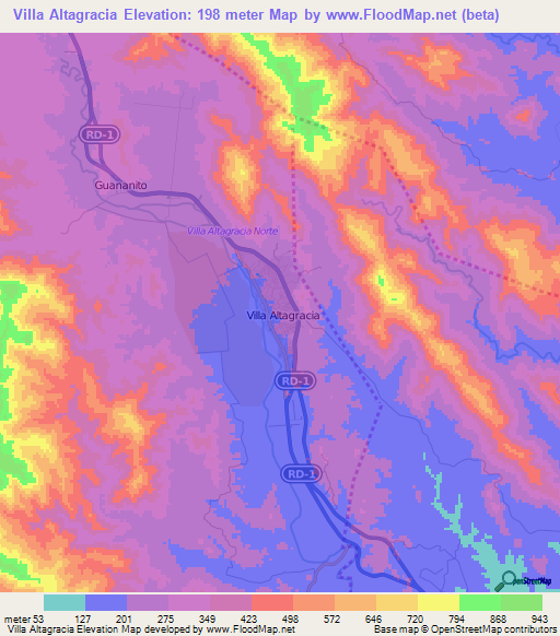 Villa Altagracia,Dominican Republic Elevation Map