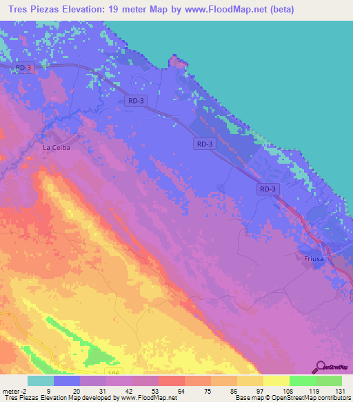 Tres Piezas,Dominican Republic Elevation Map