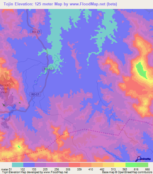 Tojin,Dominican Republic Elevation Map