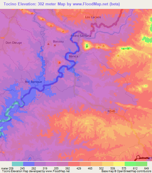 Tocino,Dominican Republic Elevation Map