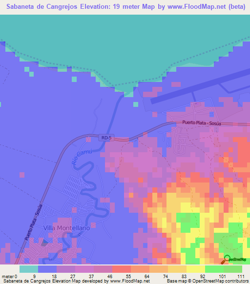 Sabaneta de Cangrejos,Dominican Republic Elevation Map