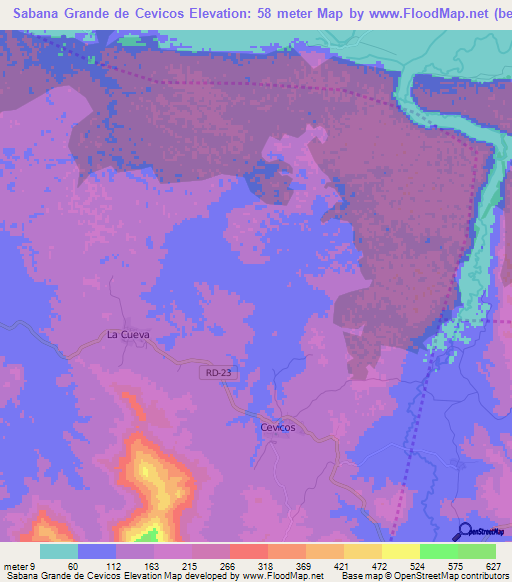 Sabana Grande de Cevicos,Dominican Republic Elevation Map