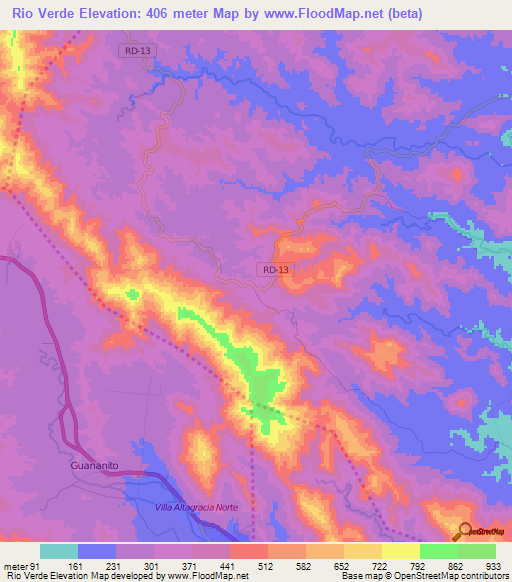 Rio Verde,Dominican Republic Elevation Map