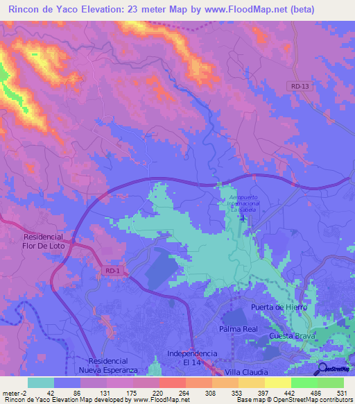 Rincon de Yaco,Dominican Republic Elevation Map