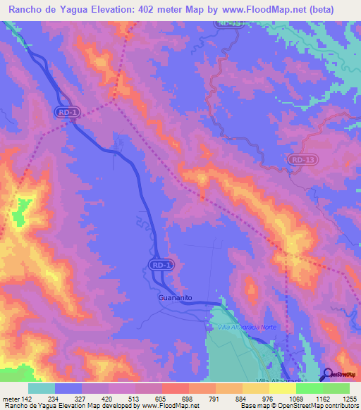 Rancho de Yagua,Dominican Republic Elevation Map