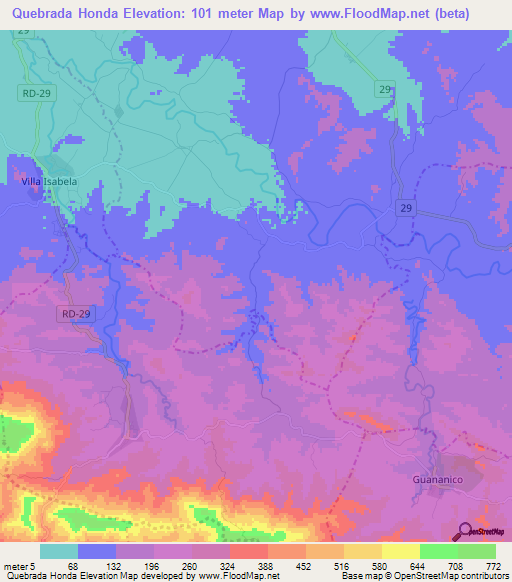 Quebrada Honda,Dominican Republic Elevation Map