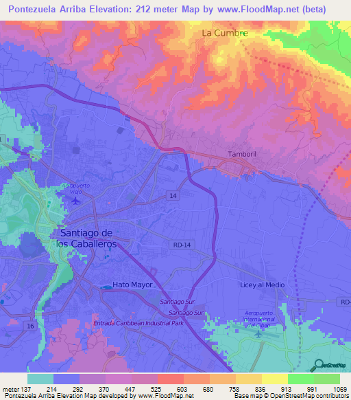 Pontezuela Arriba,Dominican Republic Elevation Map