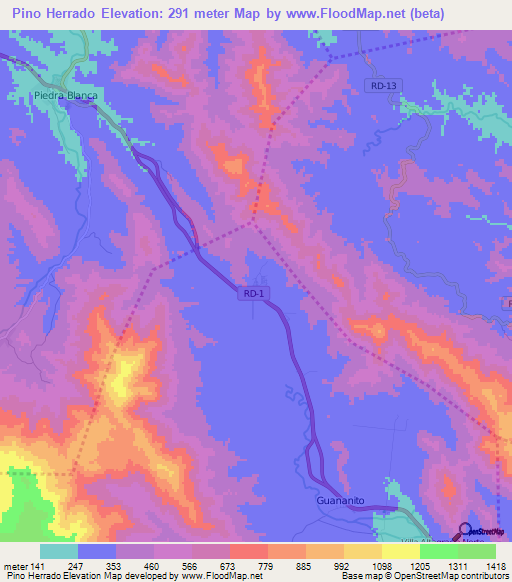 Pino Herrado,Dominican Republic Elevation Map