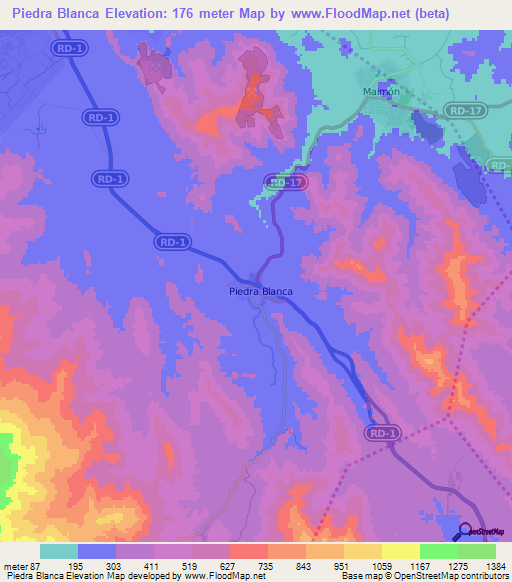 Piedra Blanca,Dominican Republic Elevation Map