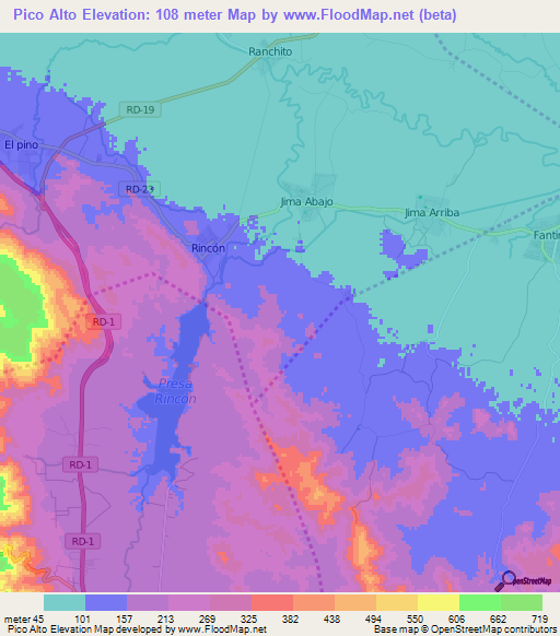 Pico Alto,Dominican Republic Elevation Map