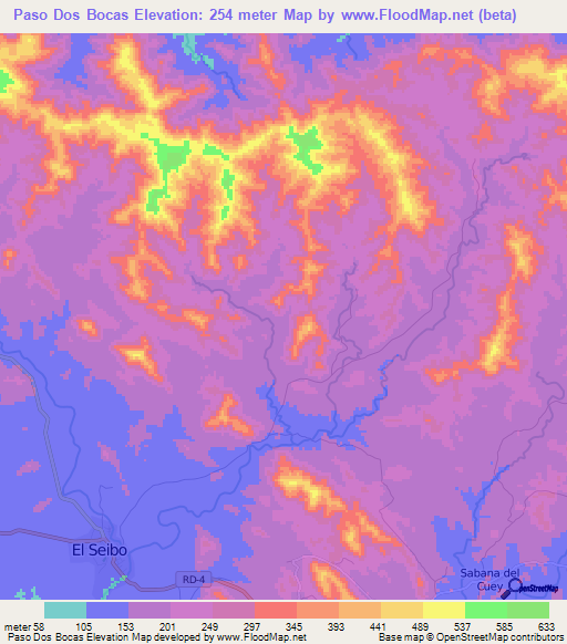 Paso Dos Bocas,Dominican Republic Elevation Map