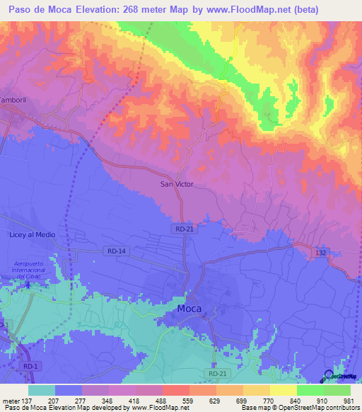 Paso de Moca,Dominican Republic Elevation Map