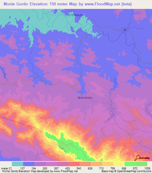 Monte Gordo,Dominican Republic Elevation Map