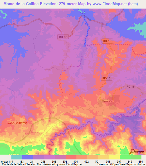 Monte de la Gallina,Dominican Republic Elevation Map