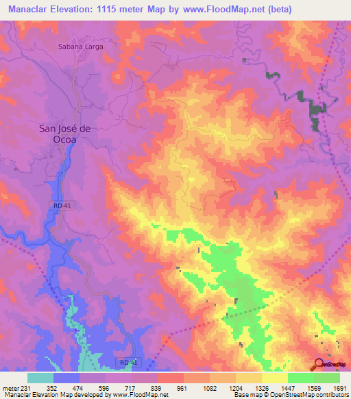 Manaclar,Dominican Republic Elevation Map