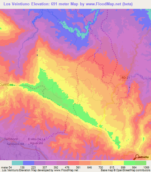 Los Veintiuno,Dominican Republic Elevation Map