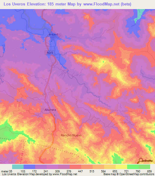 Los Uveros,Dominican Republic Elevation Map