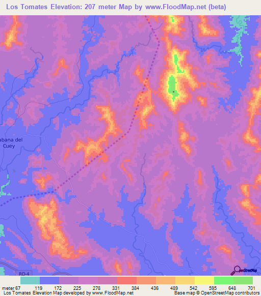 Los Tomates,Dominican Republic Elevation Map