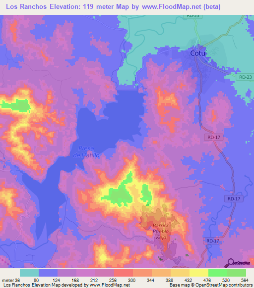 Los Ranchos,Dominican Republic Elevation Map