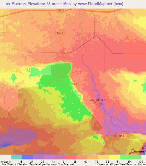 Los Muertos,Dominican Republic Elevation Map