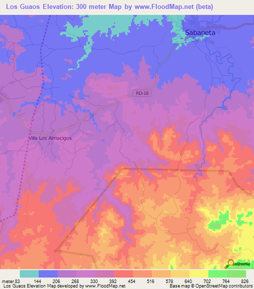 Los Guaos,Dominican Republic Elevation Map