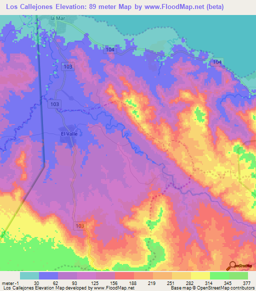 Los Callejones,Dominican Republic Elevation Map