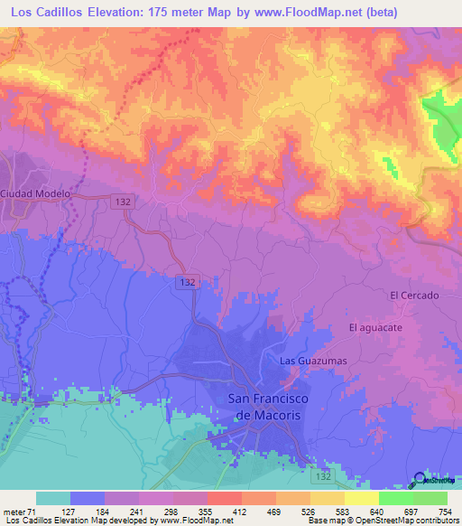 Los Cadillos,Dominican Republic Elevation Map