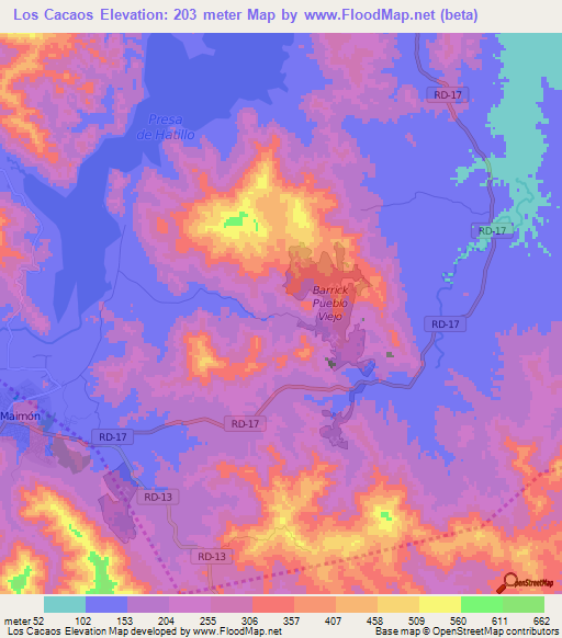 Los Cacaos,Dominican Republic Elevation Map