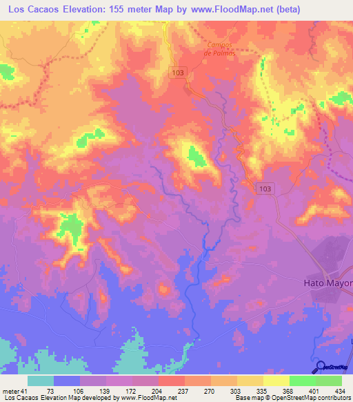 Los Cacaos,Dominican Republic Elevation Map