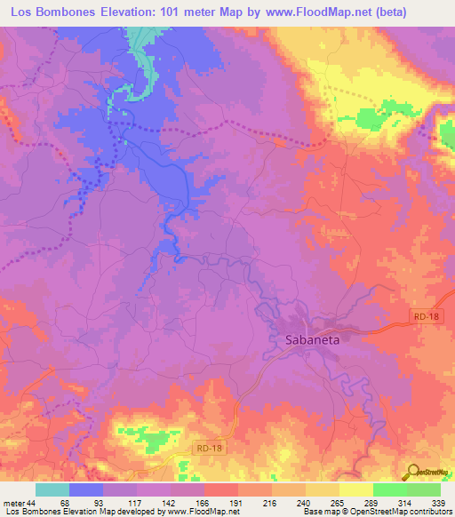 Los Bombones,Dominican Republic Elevation Map