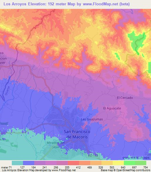 Los Arroyos,Dominican Republic Elevation Map