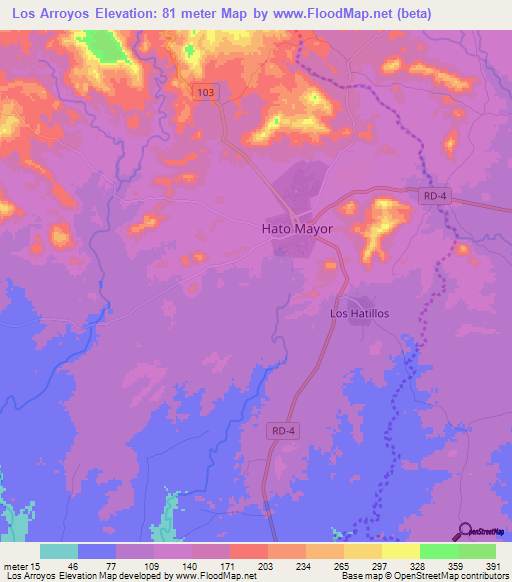 Los Arroyos,Dominican Republic Elevation Map