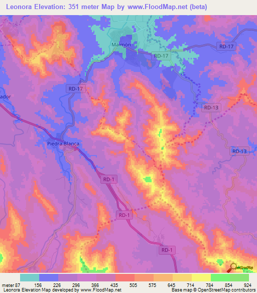 Leonora,Dominican Republic Elevation Map