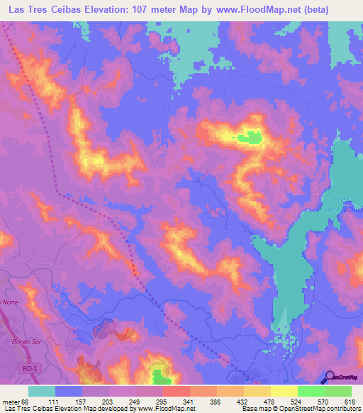 Las Tres Ceibas,Dominican Republic Elevation Map