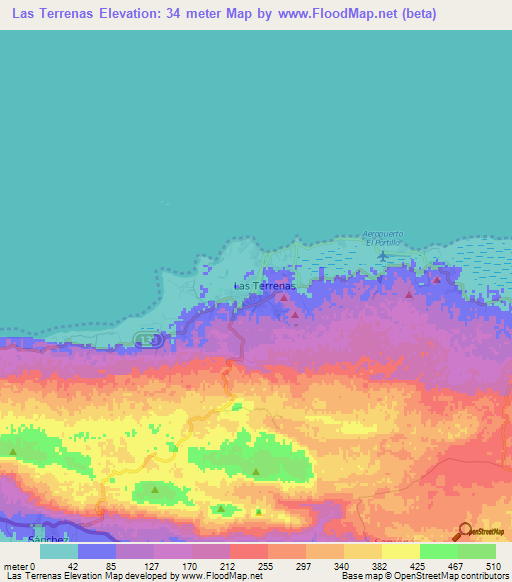 Las Terrenas,Dominican Republic Elevation Map