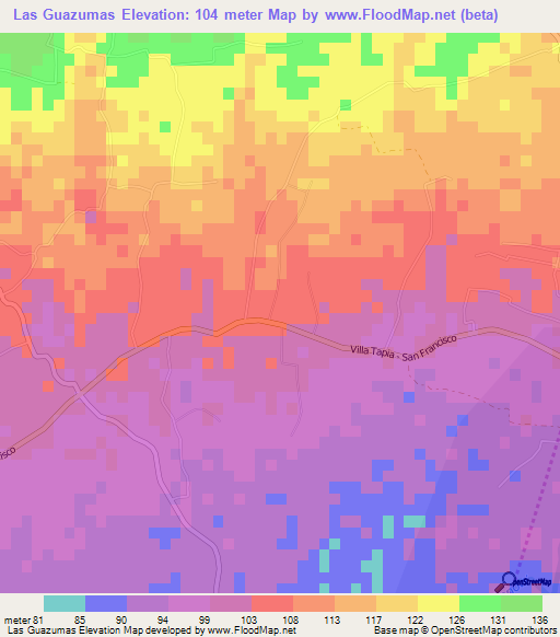 Las Guazumas,Dominican Republic Elevation Map