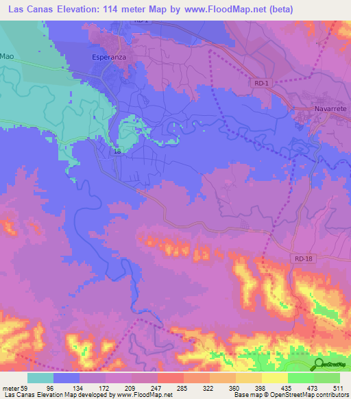 Las Canas,Dominican Republic Elevation Map