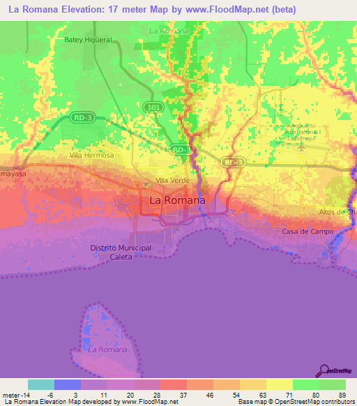 La Romana,Dominican Republic Elevation Map