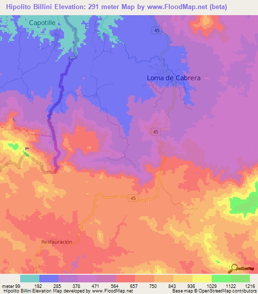 Hipolito Billini,Dominican Republic Elevation Map