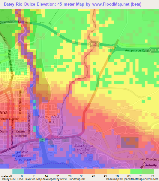 Batey Rio Dulce,Dominican Republic Elevation Map