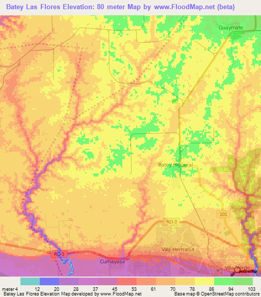 Batey Las Flores,Dominican Republic Elevation Map