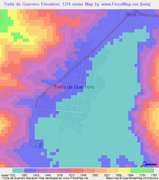 Tixtla de Guerrero,Mexico Elevation Map