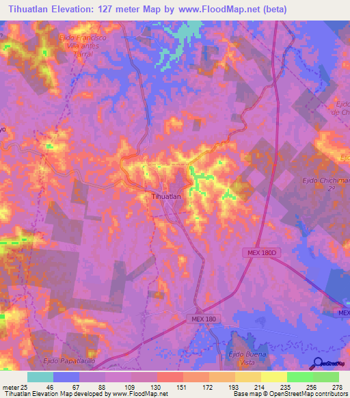 Tihuatlan,Mexico Elevation Map