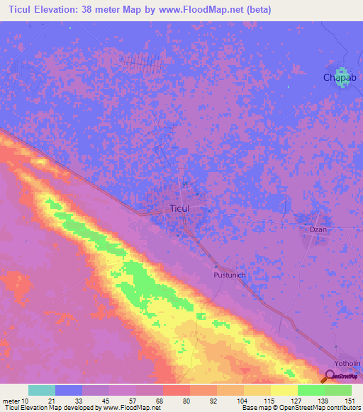 Ticul,Mexico Elevation Map