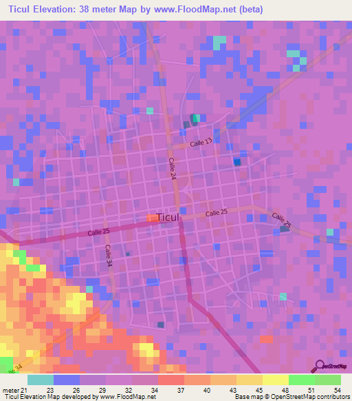 Ticul,Mexico Elevation Map