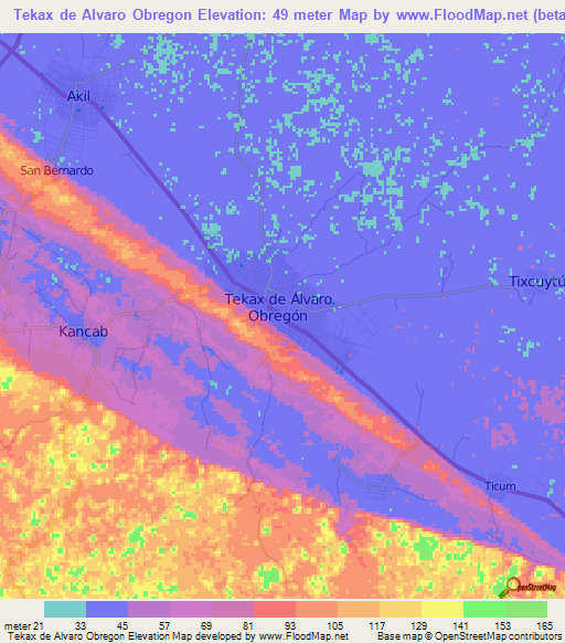 Tekax de Alvaro Obregon,Mexico Elevation Map