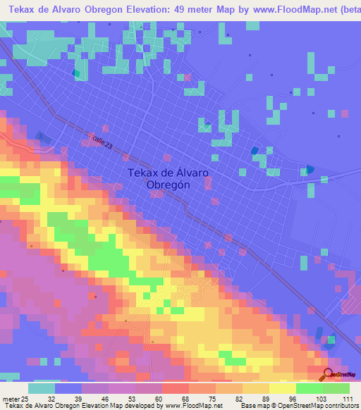 Tekax de Alvaro Obregon,Mexico Elevation Map