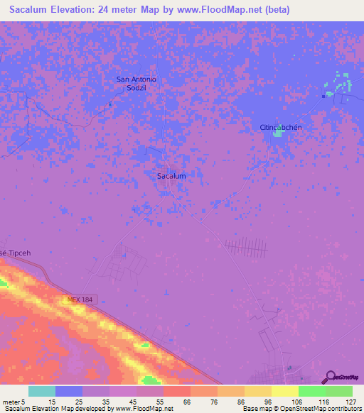 Sacalum,Mexico Elevation Map