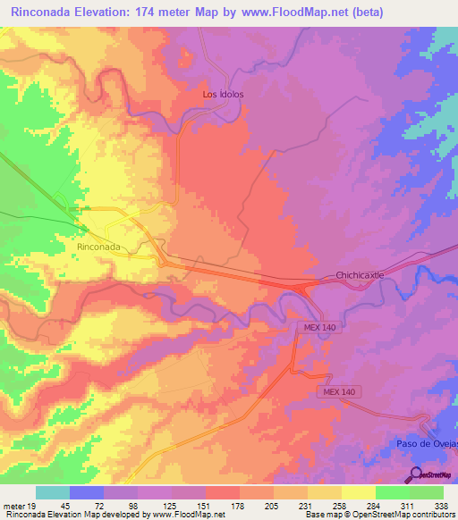 Rinconada,Mexico Elevation Map